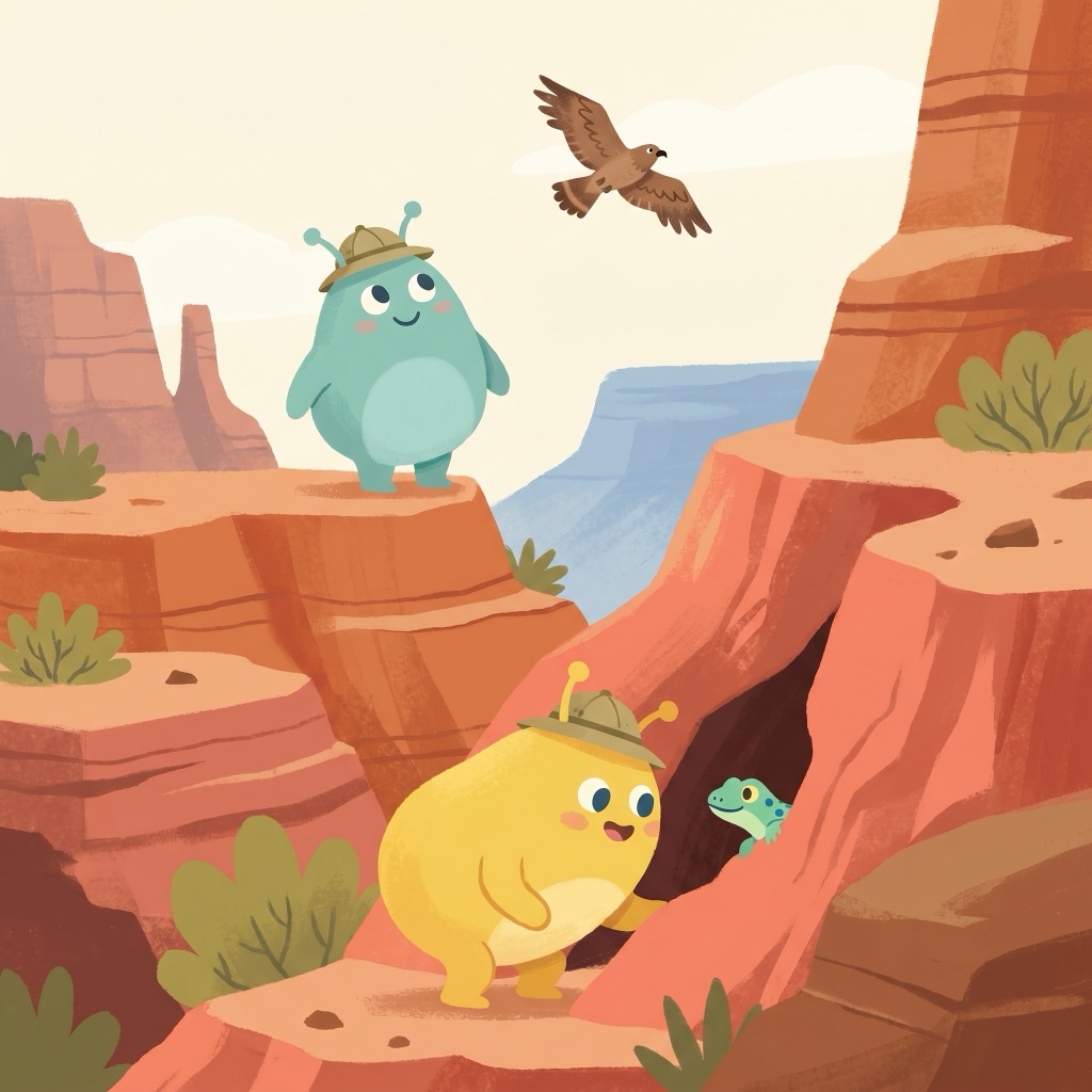 Alien explorers at a canyon